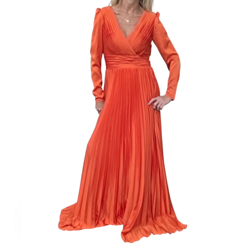 Ieena Mac Duggal Orange Pleated Formal Gown Long Sleeve Maxi Dress 6